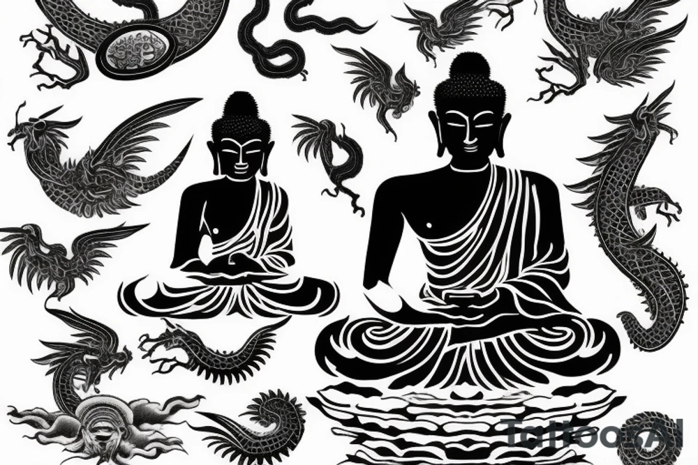 A thin Buddha with an flying dragon tattoo idea