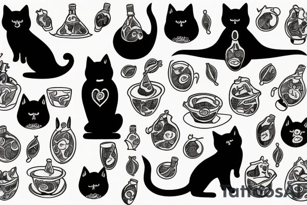 happy yogin drinks and meditate with two black cats and three birds tattoo idea