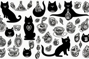 happy yogin drinks and meditate with two black cats and three birds tattoo idea