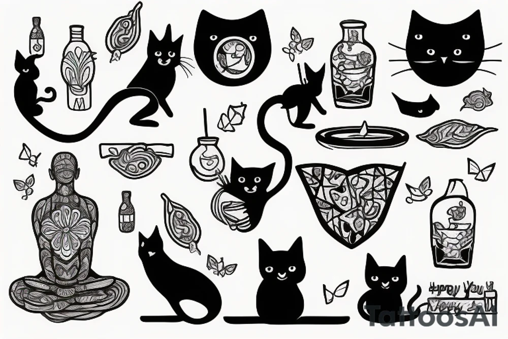 happy yogin drinks and meditate with two black cats and three birds tattoo idea
