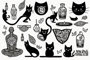 happy yogin drinks and meditate with two black cats and three birds tattoo idea