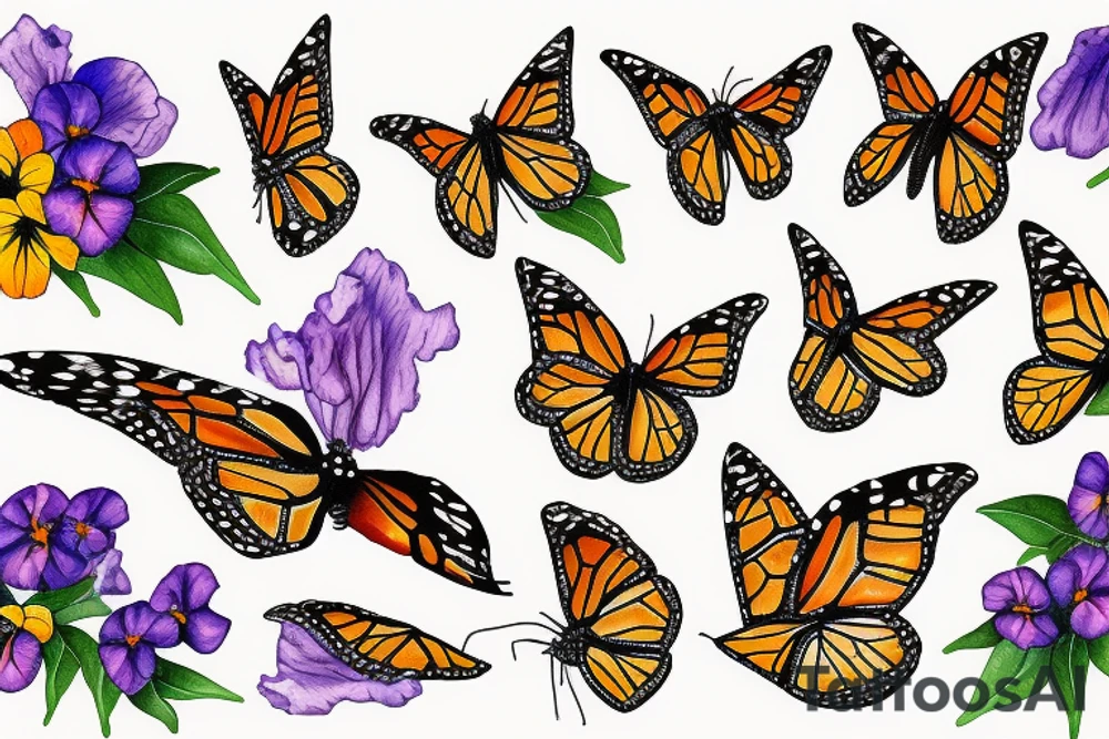 monarch butterfly surrounded by pansies tattoo idea