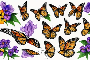 monarch butterfly surrounded by pansies tattoo idea