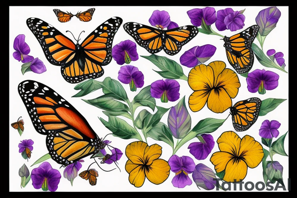 monarch butterfly surrounded by pansies tattoo idea