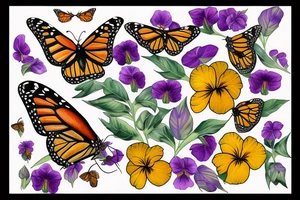 monarch butterfly surrounded by pansies tattoo idea