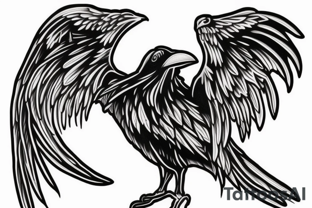 a bloody raven with bony wings and a devilish face carrying in its beak the hand of the occupant tattoo idea
