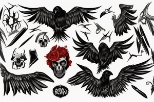 a bloody raven with bony wings and a devilish face carrying in its beak the hand of the occupant tattoo idea