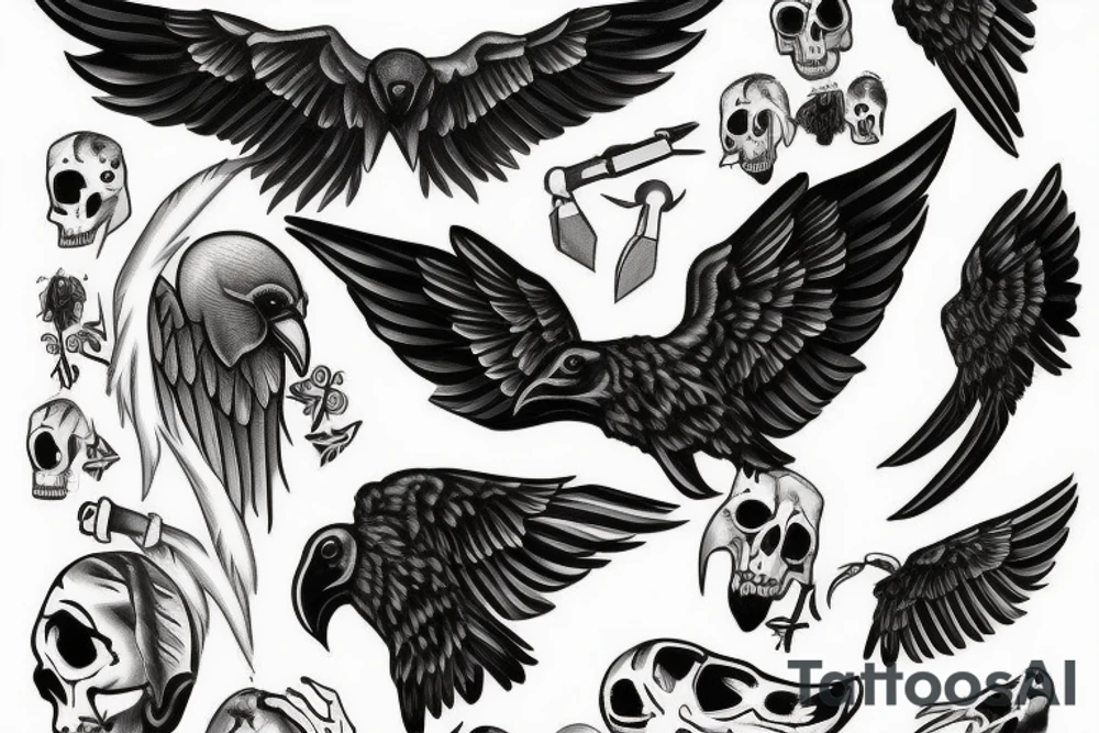 a bloody raven with bony wings and a devilish face carrying in its beak the hand of the occupant tattoo idea