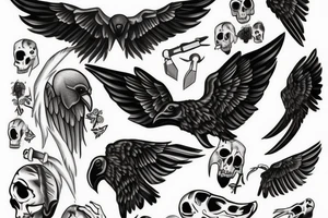 a bloody raven with bony wings and a devilish face carrying in its beak the hand of the occupant tattoo idea