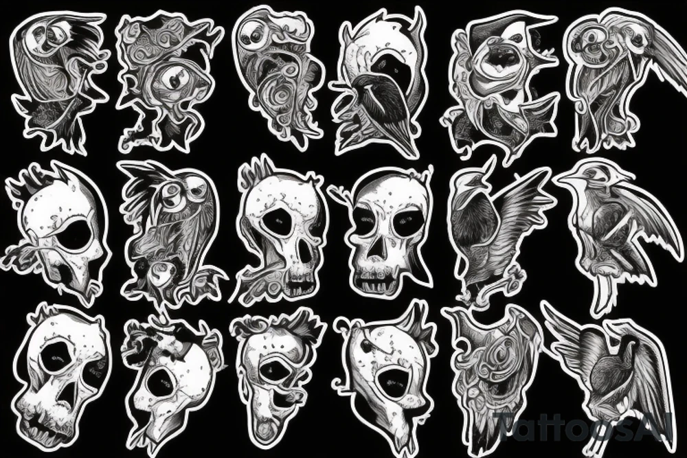 a bloody raven with bony wings and a devilish face carrying in its beak the hand of the occupant tattoo idea