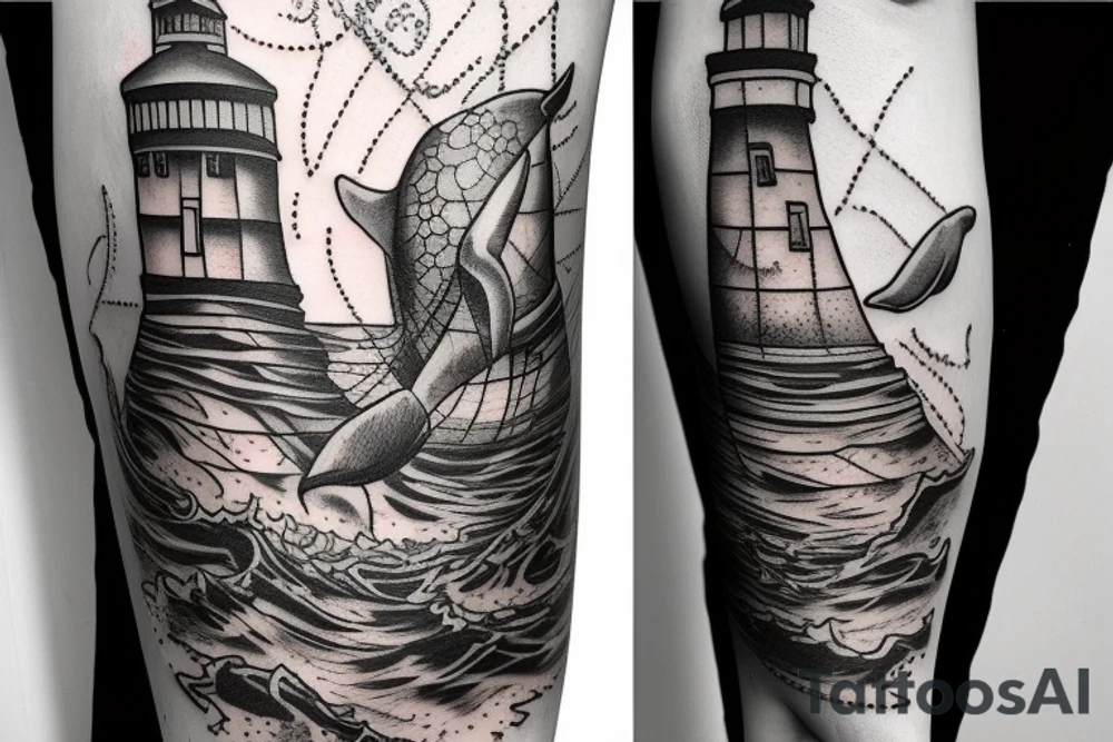 Underwater lighthouse with a whale swimming nearby tattoo idea