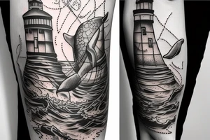 Underwater lighthouse with a whale swimming nearby tattoo idea