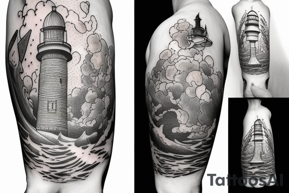 Underwater lighthouse with a whale swimming nearby tattoo idea