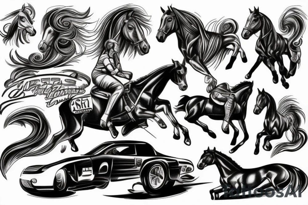 Horse and muscle car racing to the gates of heaven tattoo idea
