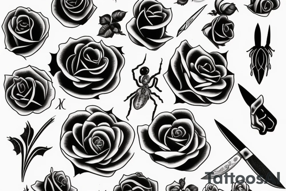 black rose with knife and spider tattoo idea