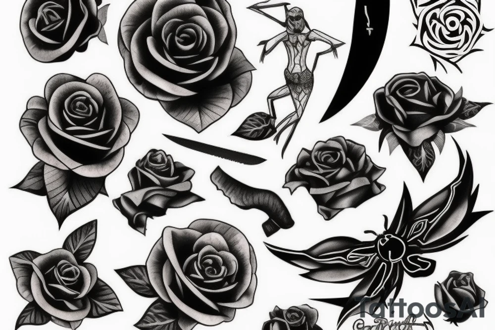 black rose with knife and spider tattoo idea