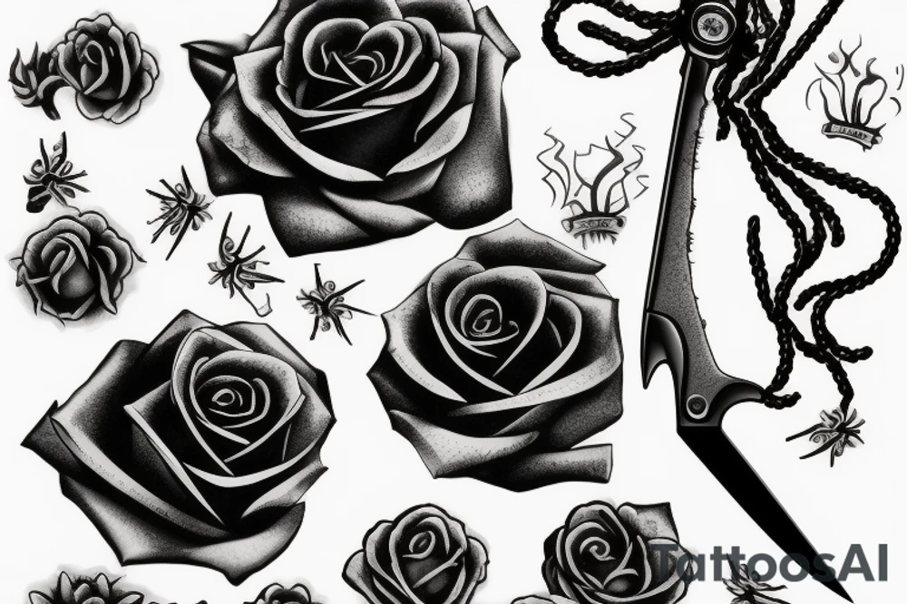 black rose and steam with knife crossing it and spider hanging from knife tattoo idea