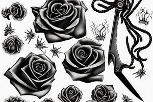 black rose and steam with knife crossing it and spider hanging from knife tattoo idea