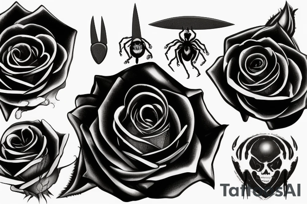 black rose and steam with knife crossing it and spider hanging from knife tattoo idea