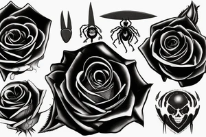 black rose and steam with knife crossing it and spider hanging from knife tattoo idea