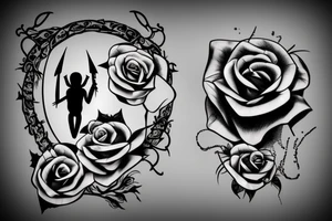 black rose and steam with knife crossing it and spider hanging from knife tattoo idea