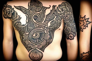 tattoo on the lower abdomen in the style of mehendi with the zodiac sign of scorpio and libra tattoo idea