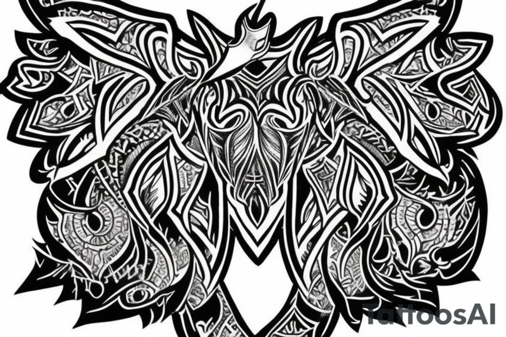 tribal tattoo of an antler made up by a combination of dark sharp crystals but also with a Charakter of angel tattoo idea