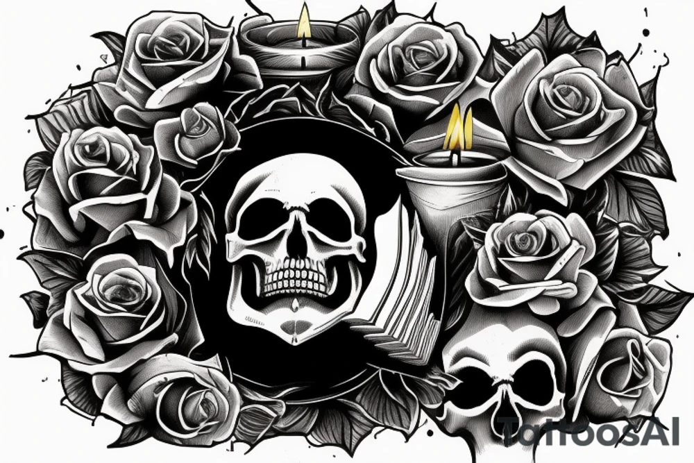 The skull is lying on the book there is a candle on the skull tattoo idea
