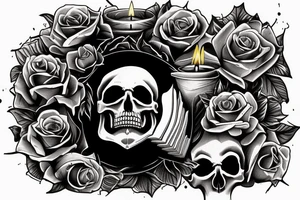 The skull is lying on the book there is a candle on the skull tattoo idea