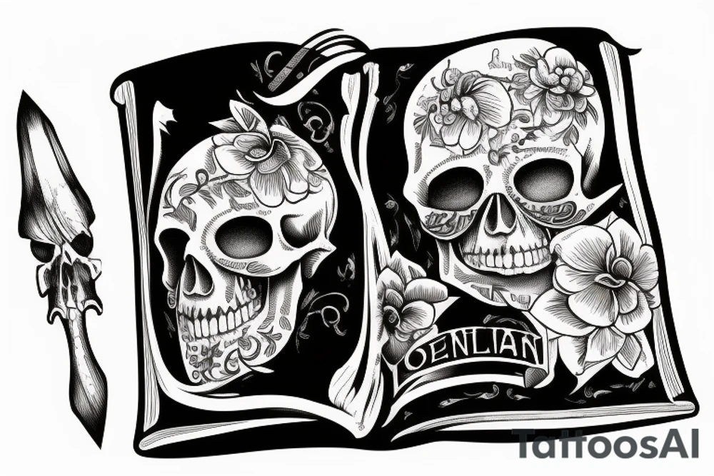 The skull is lying on the book there is a candle on the skull tattoo idea