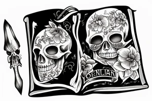 The skull is lying on the book there is a candle on the skull tattoo idea