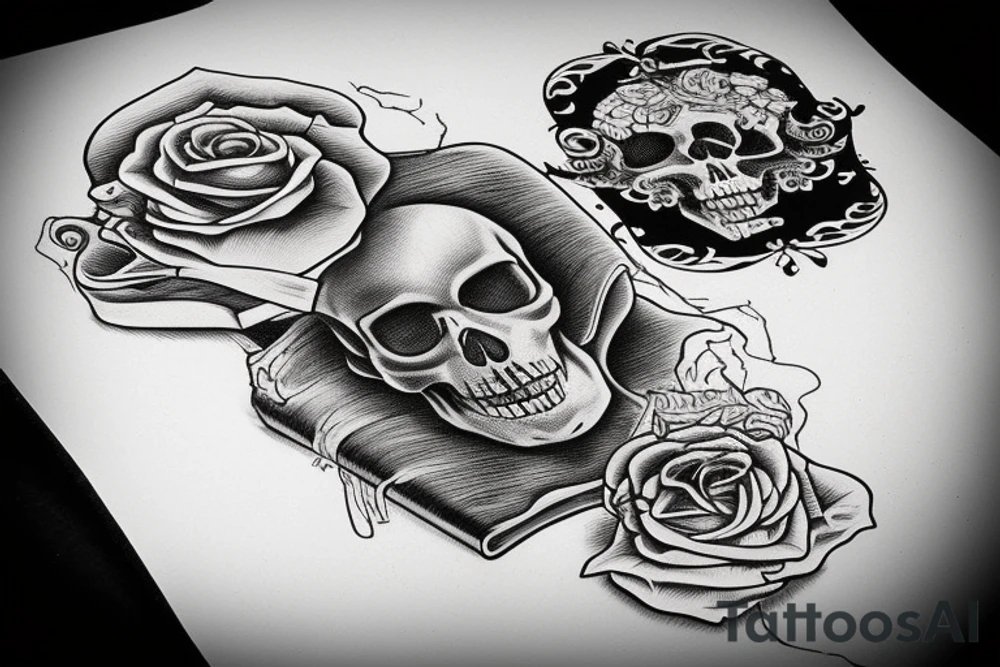 The skull is lying on the book there is a candle on the skull tattoo idea