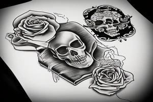 The skull is lying on the book there is a candle on the skull tattoo idea