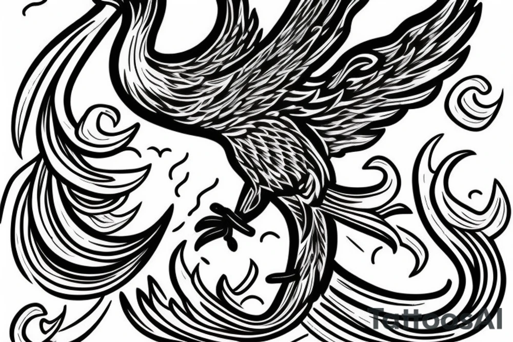 The Phoenix bird with an open beak and wings sits on the fire tattoo idea