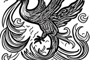 The Phoenix bird with an open beak and wings sits on the fire tattoo idea