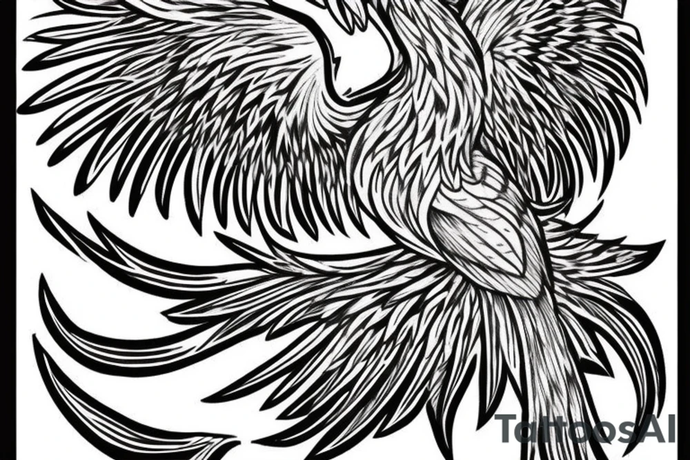 The Phoenix bird with an open beak and wings sits on the fire tattoo idea