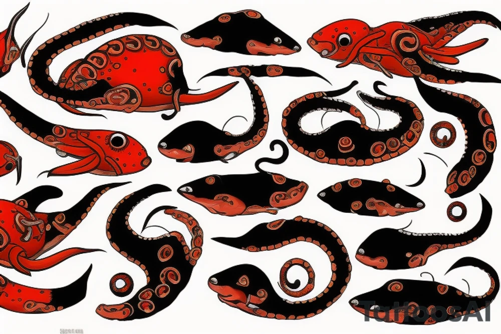 black, red, orange squid tattoo idea