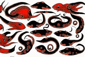 black, red, orange squid tattoo idea