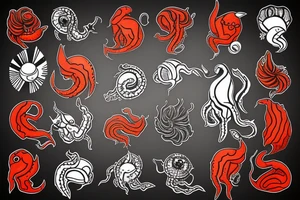 black, red, orange squid tattoo idea