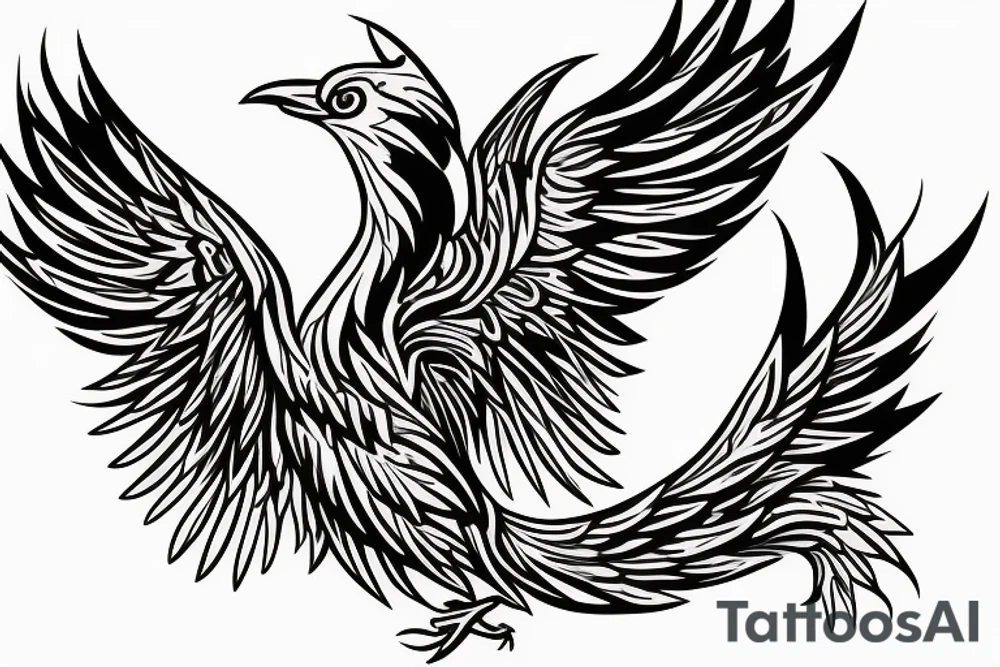 The Phoenix bird with an open beak and wings sits on the fire tattoo idea