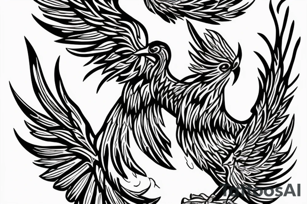 The Phoenix bird with an open beak and wings sits on the fire tattoo idea