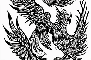 The Phoenix bird with an open beak and wings sits on the fire tattoo idea
