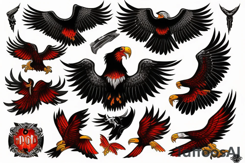 black, red, orange eagle tattoo idea