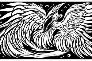 The Phoenix bird with an open beak and wings sits on the fire tattoo idea