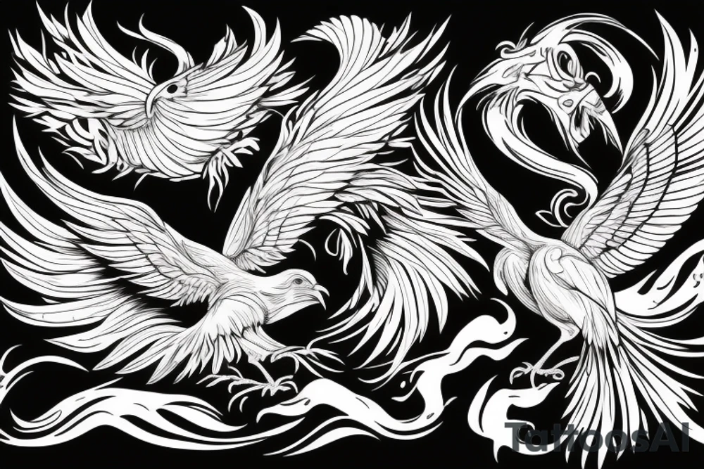 The Phoenix bird with an open beak and wings sits on the fire tattoo idea