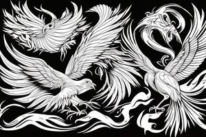 The Phoenix bird with an open beak and wings sits on the fire tattoo idea
