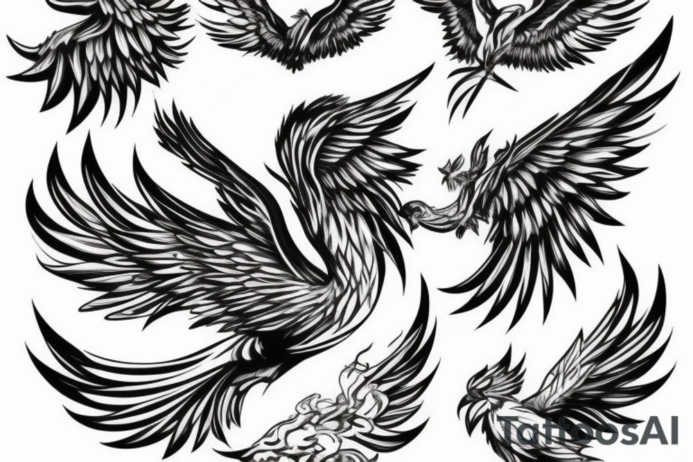 The Phoenix bird with an open beak and wings sits on the fire tattoo idea