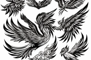 The Phoenix bird with an open beak and wings sits on the fire tattoo idea