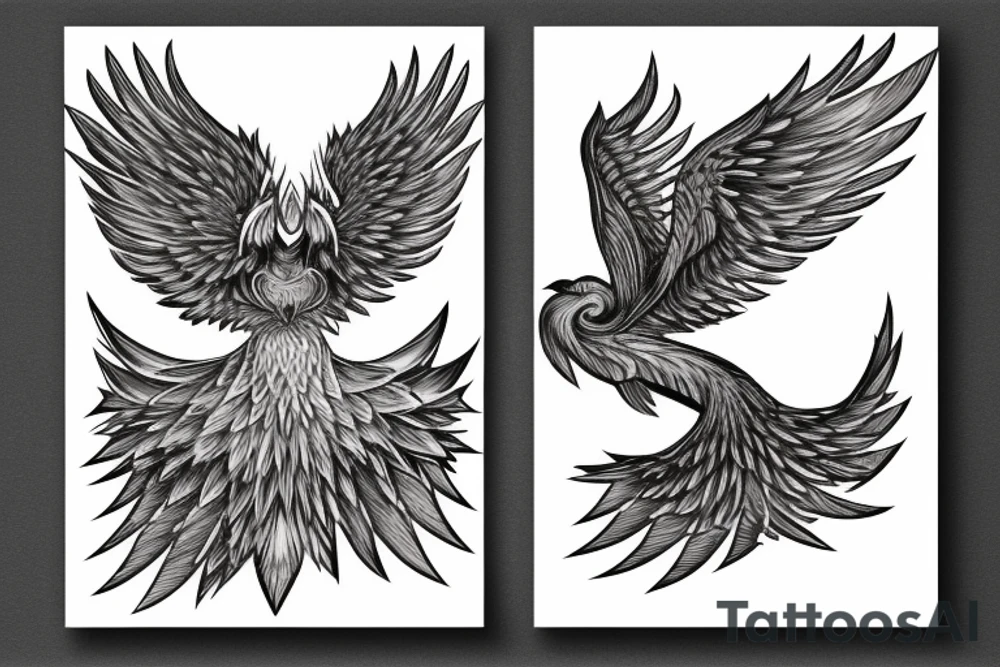 The Phoenix bird with an open beak and wings sits on the fire tattoo idea