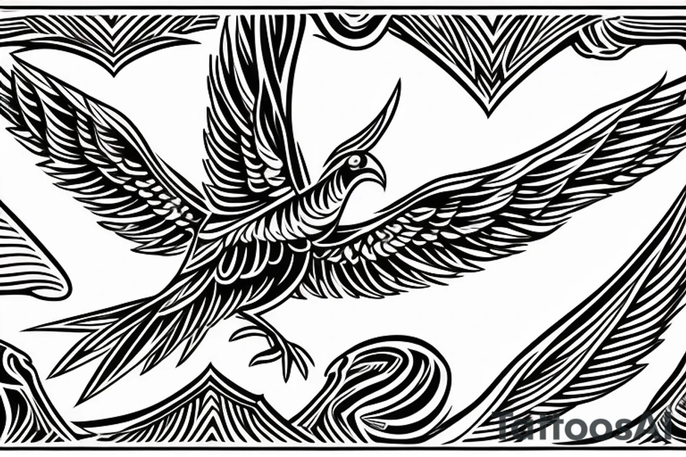 Phoenix bird with open beak and wings above the fire tattoo idea